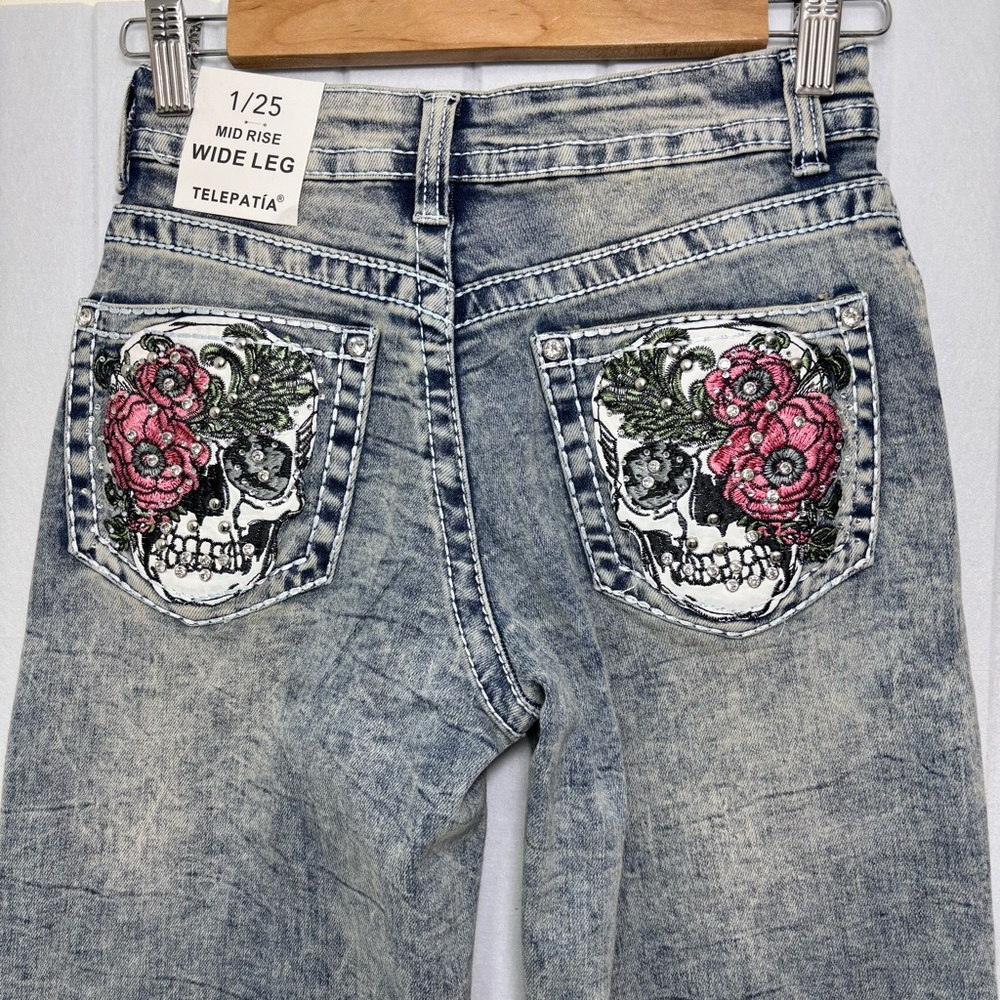 Telepatia Mid Rise Wide Stylish Blue Denim Jeans with Skull‎ and Rose Embroidery